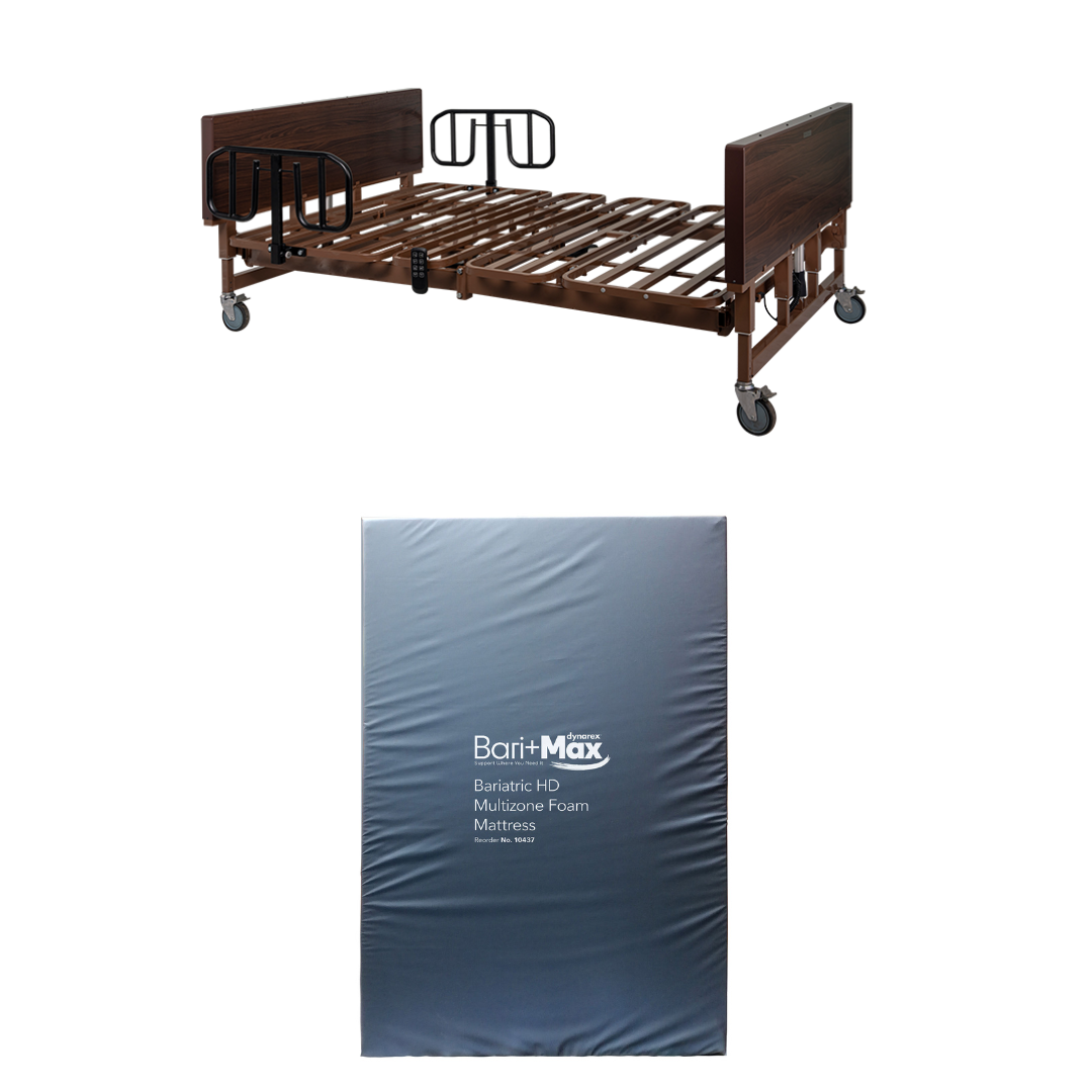 A Dynarex Bari+Max Bariatric HD Full-Electric Bed with metal frame, side rails, and wheels—shown without a mattress—is positioned above a Dynarex Bari+Max bariatric HD multizone foam mattress with a gray cover.